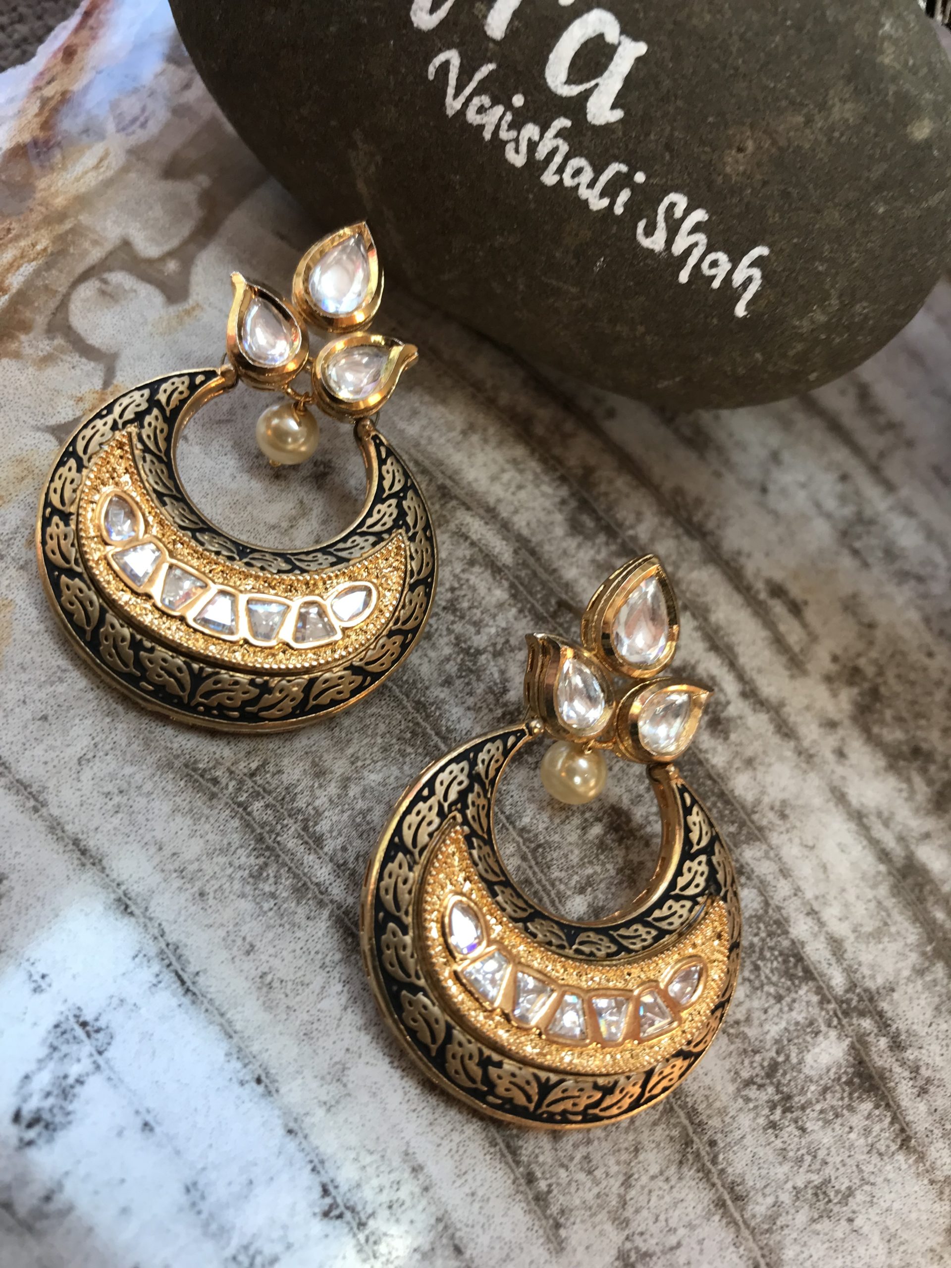 Modern Kundan semi precious chandbali Earrings - NetraDesignSolutions